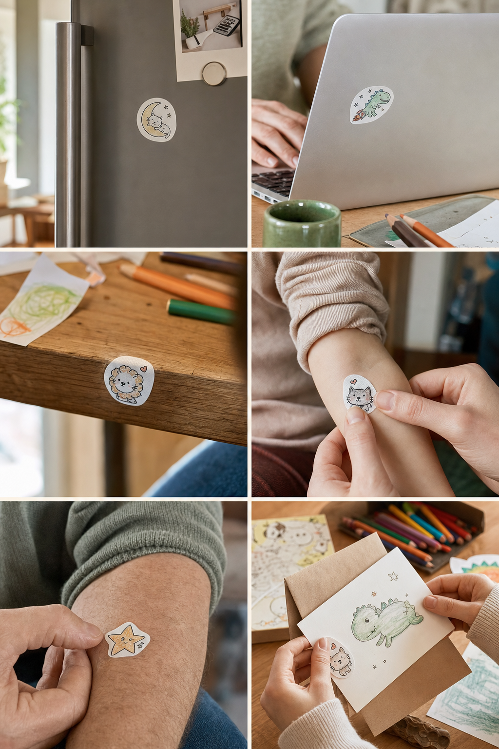 Collage showing Lovink stickers at home on a fridge, laptop, table edge, child arm, parent arm, and gift card