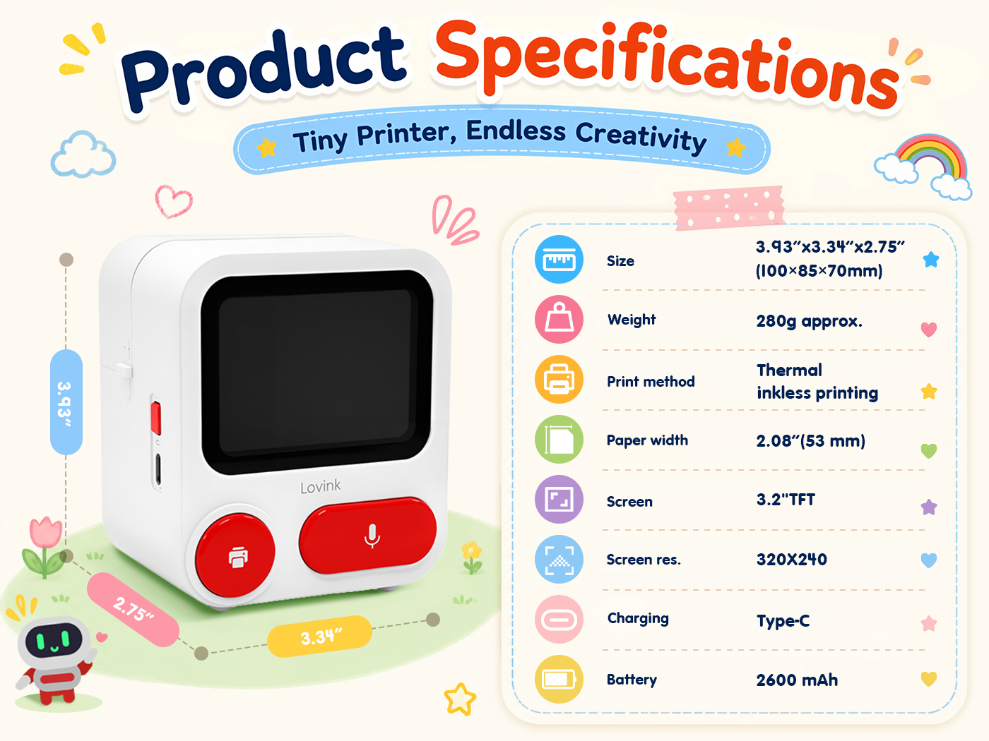 Lovink product specifications showing size, weight, thermal inkless printing, 53 mm paper width, 3.2 inch TFT screen, 320 by 240 screen resolution, Type-C charging, and 2600 mAh battery