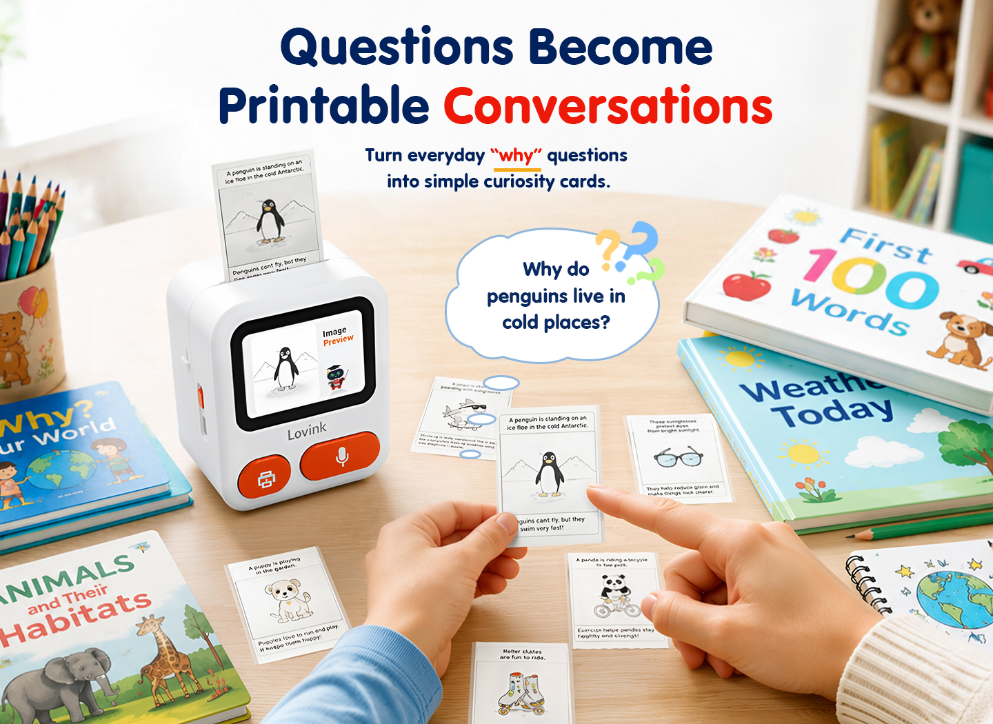 Lovink encyclopedia mode showing everyday why questions becoming printable curiosity cards
