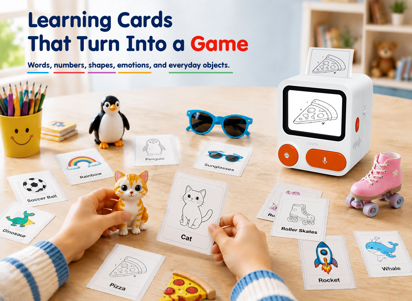 Lovink learning mode showing printable cards for words, numbers, shapes, emotions, and everyday objects